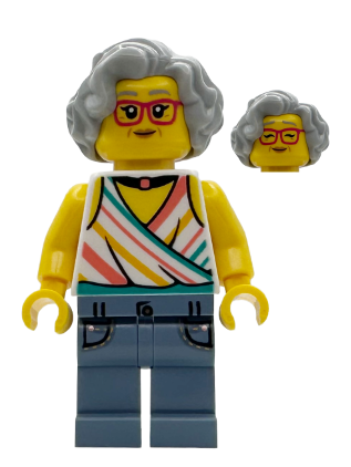 lego 2025 mini figurine bdp244 Popcorn Wagon Customer Female, White Halter Top and Black Choker Necklace, Sand Blue Legs with Pockets, Light Bluish 