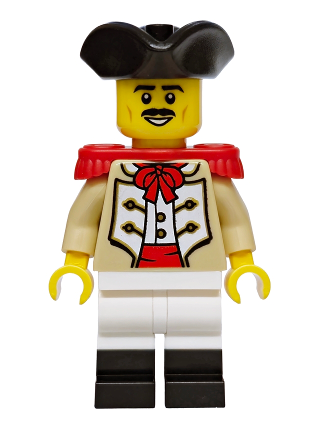 lego 2026 mini figurine bdp320 Privateer Frigate Fortuna Marine Male, Tan Coat, White Legs with Black Boots, Red Epaulettes, Black Tricorne Hat, Black Moustache 