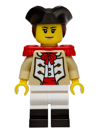 lego 2026 mini figurine bdp323 Privateer Frigate Fortuna Marine Female, Tan Coat, White Legs with Black Boots, Red Epaulettes, Black Tricorne, Reddish Brown Hair, Nougat Lips Smile 