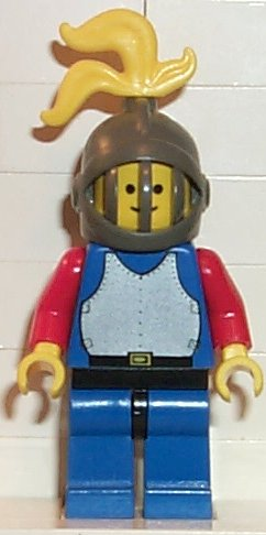 lego 1988 mini figurine cas180 Breastplate Blue with Red Arms, Blue Legs with Black Hips, Dark Gray Grille Helmet, Yellow Plume 