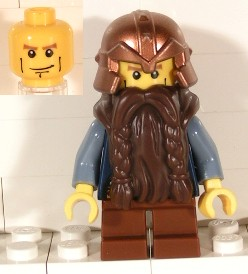 lego 2008 mini figurine cas355 Dwarf Dark Brown Beard, Copper Helmet with Studded Bands, Sand Blue Arms, Vertical Cheek Lines 