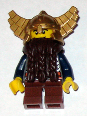 lego 2009 mini figurine cas430 Dwarf Dark Brown Beard, Metallic Gold Helmet with Wings, Dark Blue Arms, Dual Sided Head 