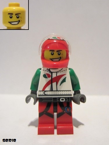 lego 2016 mini figurine col270 Race Car Driver White Octan Race Suit with Octan Logo, Black Leg Straps with Carabiner 