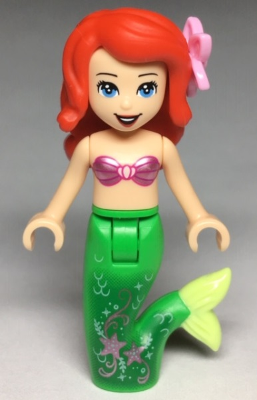 lego 2019 mini figurine dp063 Ariel Mermaid - Pink Top, Flower in Hair, Open Mouth Smile with Stars on Tail Front 