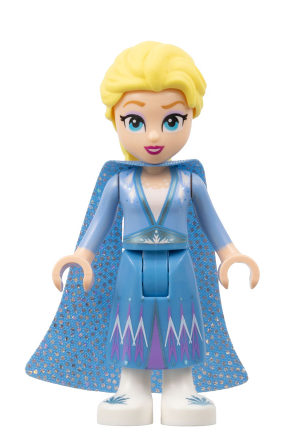 lego 2023 mini figurine dis125 Elsa Glitter Cape with Two Tails, Medium Blue Skirt with White Shoes, Small Open Smile 