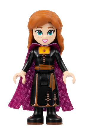 lego 2023 mini figurine dis126 Anna Black Dress, Magenta and Dark Purple Cape, Narrow Smile 