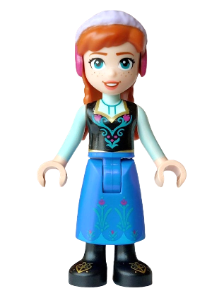 lego 2026 mini figurine dp239 Anna Blue Skirt, Black Boots and Black Top, Light Aqua Sleeves, Wide Smile, Coral Lips 