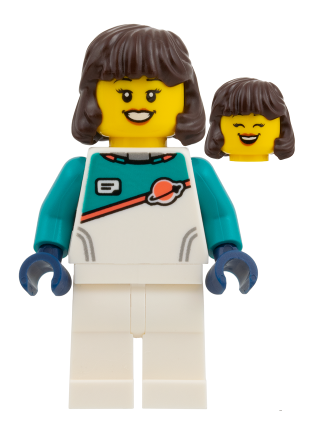 lego 2026 mini figurine edu030 Astronaut Female, Dark Brown Hair, White Spacesuit with Dark Turquoise Panel and Sleeves 