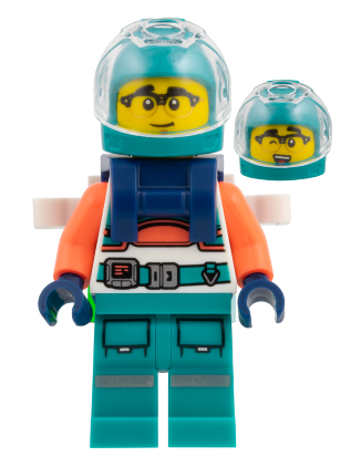 lego 2026 mini figurine edu031 Astronaut Dark Turquoise Helmet and Legs, Coral Arms, Dark Blue Backpack 