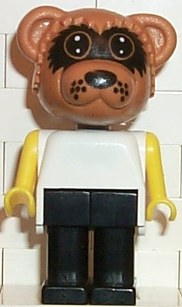 lego 1982 mini figurine fab12c Ricky Raccoon Black Legs, White Top, Yellow Arms, Large Eyes Mask 