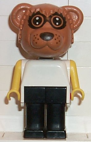 lego 1985 mini figurine fab12h Ricky Raccoon Black Legs, White Top, Yellow Arms, Small Eyes Mask 