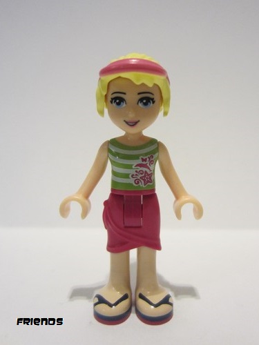 lego 2014 mini figurine frnd058 Stephanie Magenta Wrap Skirt, Green Top with White Stripes, Hair with Visor 