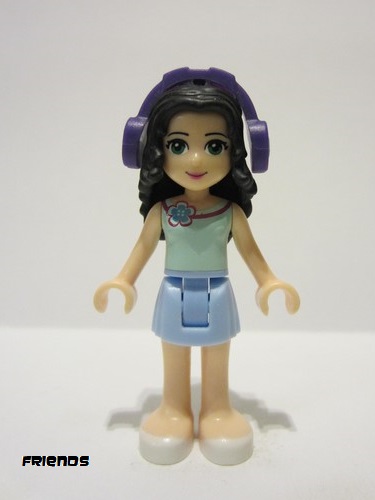 lego 2014 mini figurine frnd082 Emma Bright Light Blue Skirt, Light Aqua Top with Flower, Dark Purple Headphones 