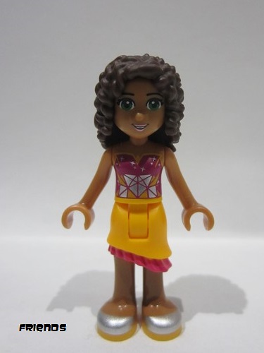 lego 2015 mini figurine frnd0122 Andrea Bright Light Orange Asymmetric Skirt with Magenta Fringe, Magenta Top with White Geometric Heart 