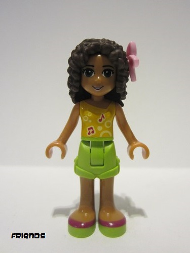 lego 2015 mini figurine frnd094 Andrea Lime Shorts, Bright Light Orange Top with Music Notes, Flower 