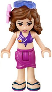 lego 2015 mini figurine frnd100 Olivia Magenta Wrap Skirt, Dark Purple Bikini Top, Flower, Sunglasses 