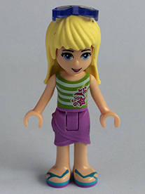 lego 2015 mini figurine frnd104 Stephanie Medium Lavender Wrap Skirt, Green Top with White Stripes, Sunglasses 