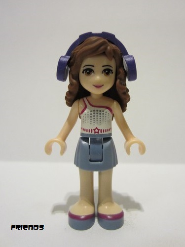 lego 2015 mini figurine frnd109 Olivia Sand Blue Skirt, White One Shoulder Top with Magenta Trim, Headphones 