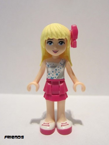 lego 2015 mini figurine frnd125 Stephanie Magenta Layered Skirt, White One Shoulder Top with Stars, Bow 