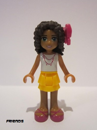 lego 2015 mini figurine frnd132 Andrea Bright Light Orange Layered Skirt, White Top with Necklace with Music Notes, Bow 