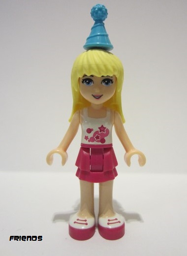 lego 2016 mini figurine frnd0136 Stephanie Magenta Layered Skirt, White Top with Stars, Medium Azure Party Hat 