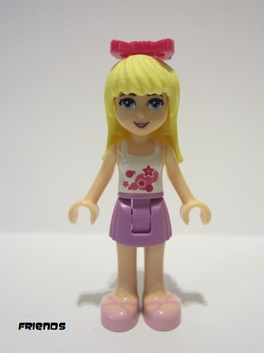 lego 2016 mini figurine frnd0143 Stephanie Medium Lavender Skirt, White Top with Stars, Magenta Bow 