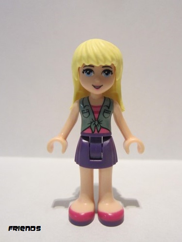 lego 2016 mini figurine frnd0148 Stephanie Dark Purple Skirt, Sand Green Knotted Blouse Top over Magenta and Pink Striped Shirt 