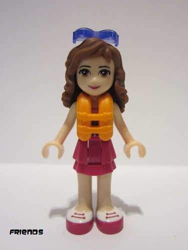 lego 2016 mini figurine frnd0151 Olivia Magenta Layered Skirt, Sand Green Knotted Blouse Top over Magenta and Pink Striped Shirt, Life Jacket, Sunglasses 