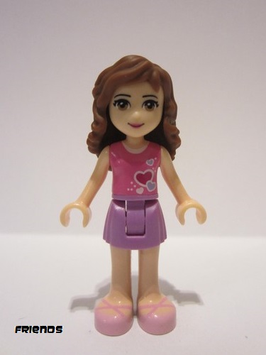 lego 2016 mini figurine frnd0175 Olivia Medium Lavender Skirt, Dark Pink Top with Hearts and White Undershirt 