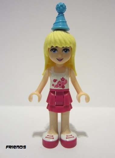 lego 2016 mini figurine frnd136 Stephanie Magenta Layered Skirt, White Top with Stars, Medium Azure Party Hat 