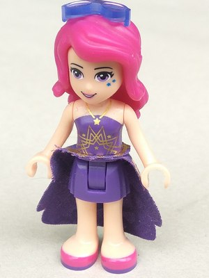 lego 2016 mini figurine frnd146 Livi Dark Purple Skirt, Dark Purple Top with Gold Stars Pattern, Dark Purple Cloth Skirt with Gold Stars, Sunglasses 