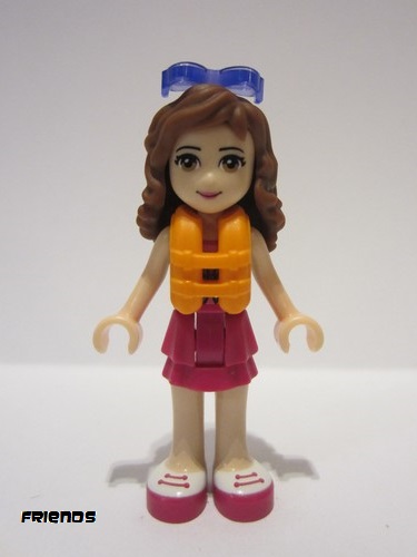 lego 2016 mini figurine frnd151 Olivia Magenta Layered Skirt, Sand Green Knotted Blouse Top over Magenta and Pink Striped Shirt, Life Jacket, Sunglasses 