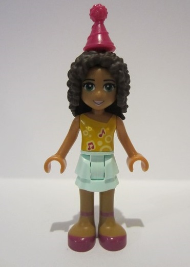lego 2016 mini figurine frnd165 Andrea Light Aqua Layered Skirt, Bright Light Orange Top with Music Notes, Magenta Party Hat 