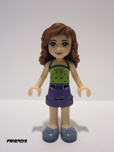 lego 2016 mini figurine frnd187 Olivia Dark Purple Shorts, Lime Halter Top with Dark Green Spots Pattern 