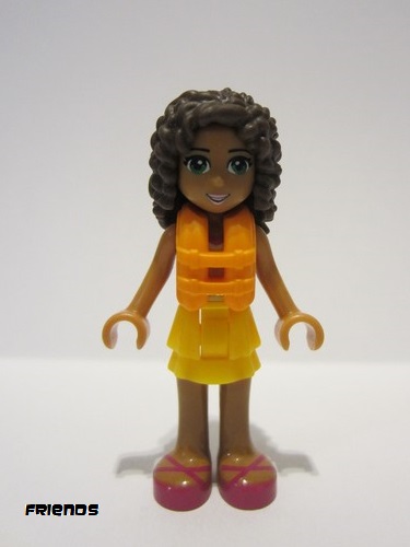lego 2017 mini figurine frnd205 Andrea Bright Light Orange Layered Skirt, Tan Top with Bright Light Orange Chevron Stripes, Life Jacket 