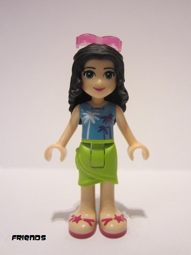 lego 2017 mini figurine frnd209 Emma Lime Wrap Skirt, Medium Azure Top with Palm Tree Pattern, Trans-Dark Pink Sunglasses 