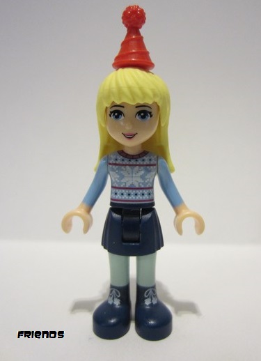lego 2017 mini figurine frnd225 Stephanie Dark Blue Skirt, Bright Light Blue Fair Isle Sweater with Snowflakes Pattern, Red Christmas Hat 