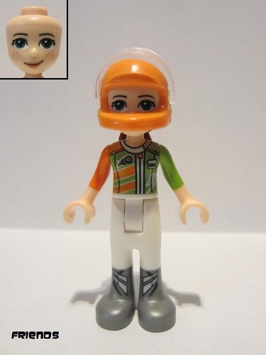 lego 2018 mini figurine frnd0273 Mia White Trousers, Lime and Orange Racing Jacket, Orange Racing Helmet with Dark Red Ponytail 
