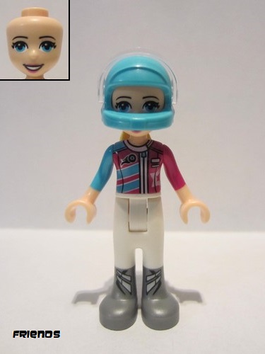 lego 2018 mini figurine frnd0277 Stephanie White Trousers, Medium Azure and Magenta Racing Jacket, Helmet 