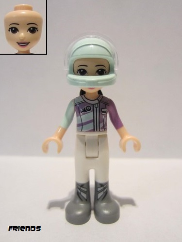 lego 2018 mini figurine frnd261 Emma White Trousers, Light Aqua and Medium Lavender Racing Jacket, Light Aqua Racing Helmet with Black Ponytail 