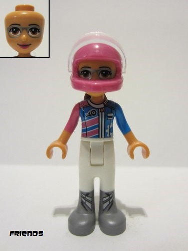 lego 2018 mini figurine frnd268 Olivia White Trousers, Dark Pink and Dark Azure Racing Jacket, Dark Pink Racing Helmet with Reddish Brown Ponytail 