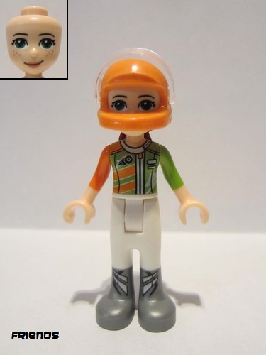 lego 2018 mini figurine frnd273 Mia White Trousers, Lime and Orange Racing Jacket, Orange Racing Helmet with Dark Red Ponytail 