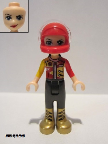 lego 2018 mini figurine frnd278 Vicky Trousers with Metallic Gold Boots, Red and Yellow Racing Jacket, Helmet 