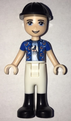 lego 2019 mini figurine frnd286 Zack White Riding Pants, Blue Shirt over Medium Blue T-Shirt, Black Construction Helmet 