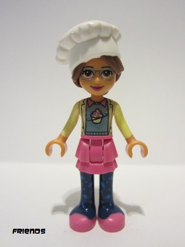 lego 2019 mini figurine frnd295 Olivia Dark Pink Skirt and Dark Blue Leggings, Sand Green Sweater with Bright Yellow Jacket, Chef's Toque 