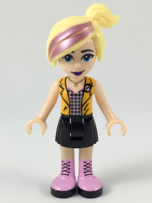 lego 2019 mini figurine frnd297 Chloe Black Skirt, Silver Top with Black and Bright Pink Squares, Bright Light Orange Vest 