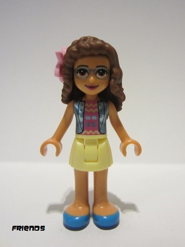 lego 2019 mini figurine frnd298 Olivia Bright Light Yellow Skirt, Dark Pink Top, Blue Jacket, Flower 