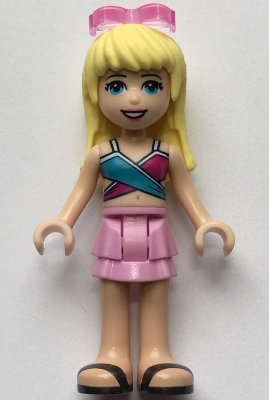 lego 2019 mini figurine frnd330 Stephanie Bright Pink Layered Skirt, Magenta and Medium Blue Swimsuit Top, Sunglasses 
