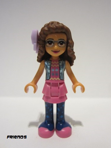 lego 2019 mini figurine frnd332 Olivia Dark Pink Skirt and Dark Blue Leggings, Dark Pink Top, Blue Jacket, Bow 