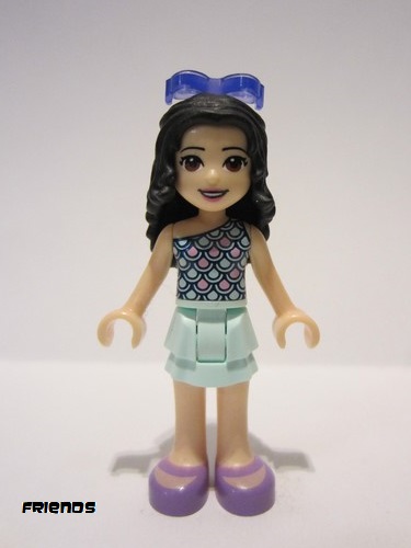 lego 2019 mini figurine frnd333 Emma Light Aqua Layered Skirt, Light Aqua and Bright Pink Scallop Top, Sunglasses 
